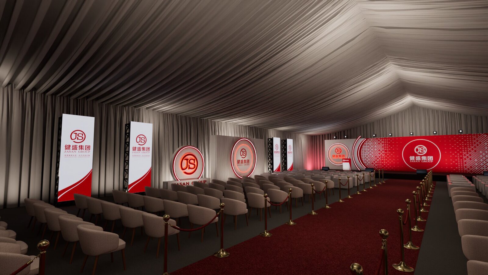 Covered tent interior — vertical LED branding strips along seating