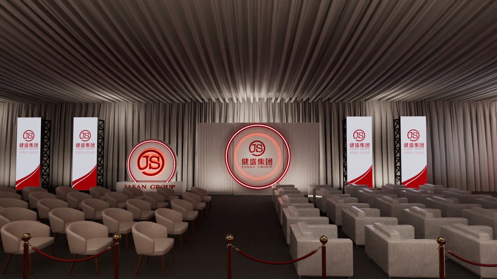 Covered tent interior — circular JS emblem backdrop and lounge seating