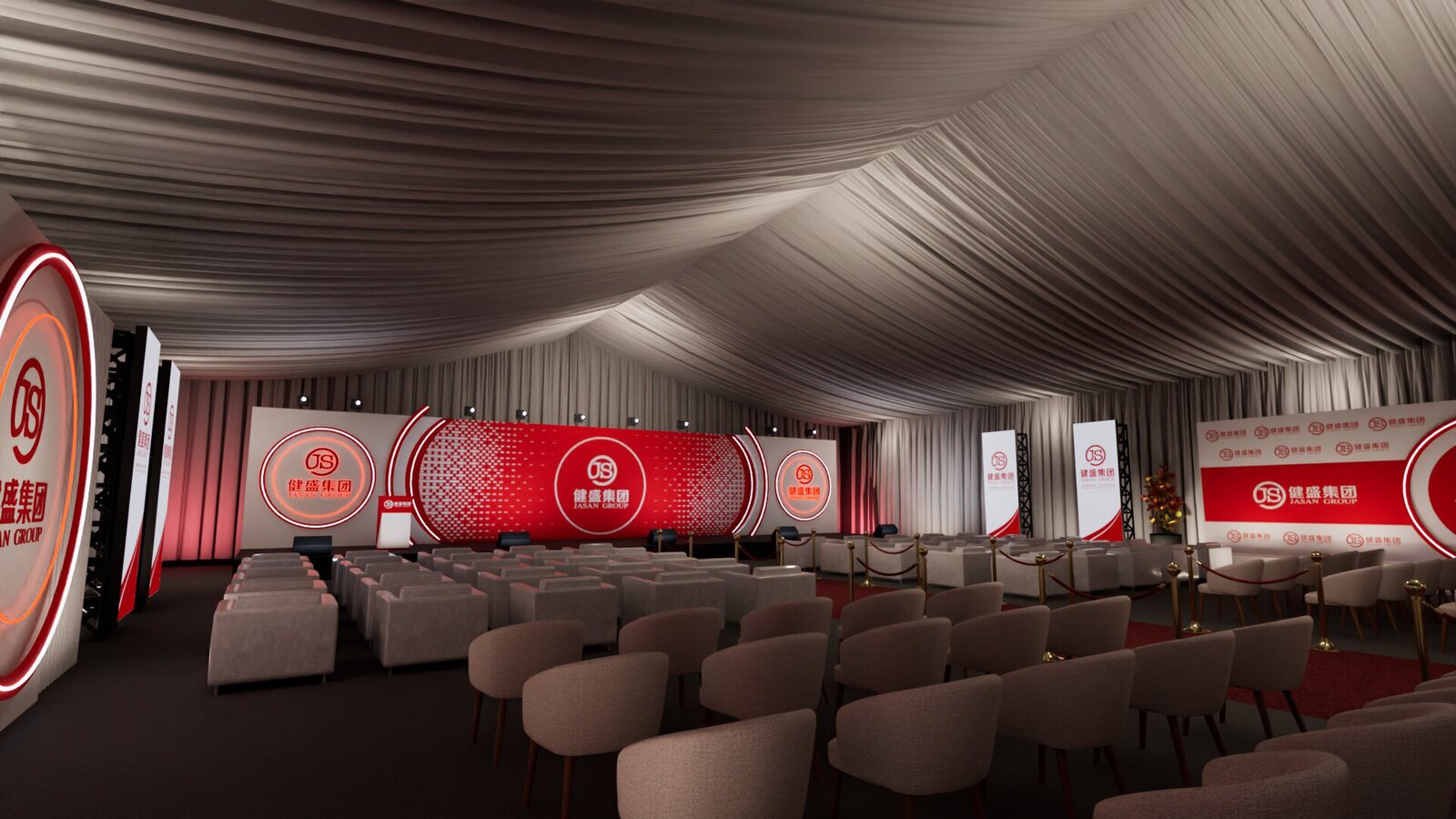 Covered tent interior — branded stage and side LED walls